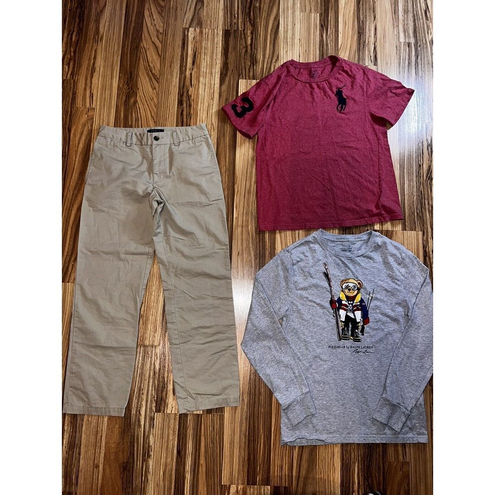 Polo Ralph Lauren Boys 12 Bear Khaki Chino Pants Red Big Pony Shirt Gray Long‎